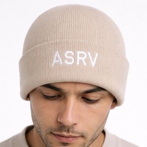 ASRV Beige White Knit Beanie Hat Touque Logo Unisex Winter Cap Mens Womens New